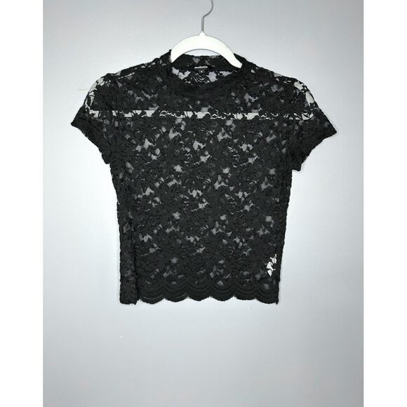 90's Ambiance Shirt Womens S Black Lace Sheer Cap Sleeve Scallop Hem Crop Top - Picture 12 of 14